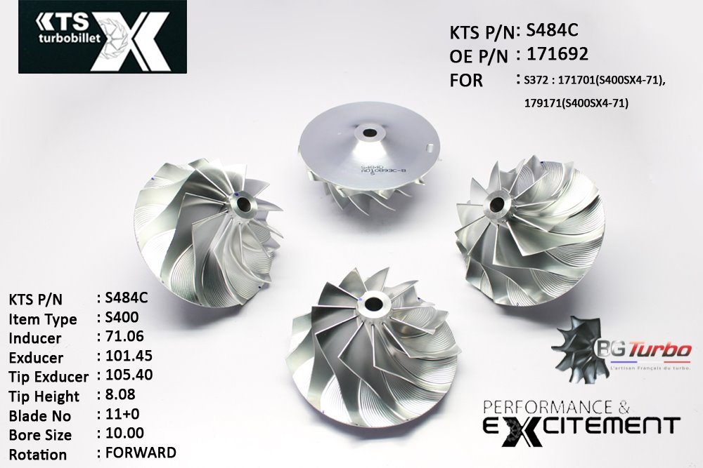 Turbo ROUE FORGÉE MFS PERFORMANCE - 11+0 PALES - INDUCER : 71,06 - EXDUCER : 101,44 - TYPE : S400ANGLE : 45° - ROTATION : Forward - SUPER BACK : 8,41 - BORE SIZE : 10
